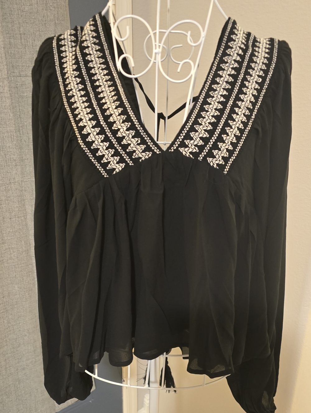 TCEC Black Blouse with White Embroidered V-Neck